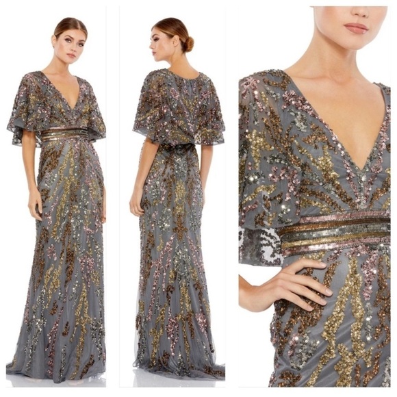 Mac Duggal flutter sleeve sequin evening dress in gray with gold and bro… - Picture 1 of 14